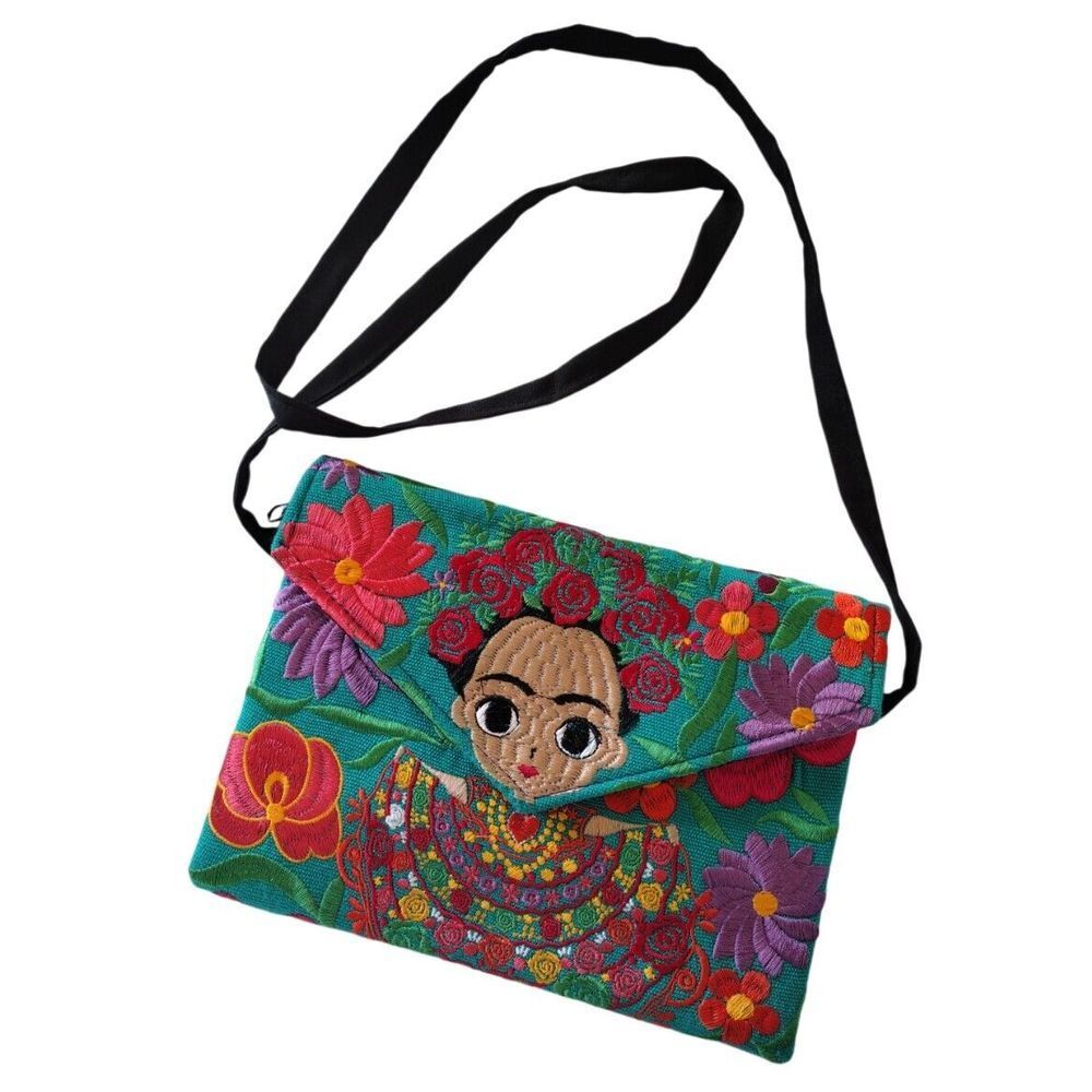 Mexican Handmade Crossbody Bag Women Embroidered Floral Frida Kahlo Colorful - Picture 1 of 9